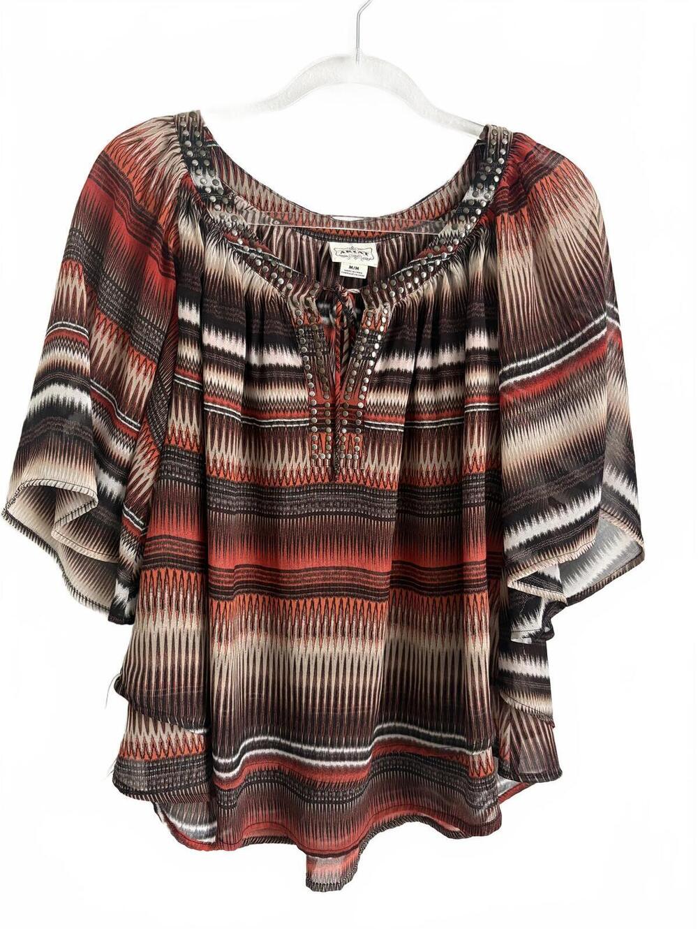 Ariat | Women’s Short Sleeve Brown Rust Cream Flowy Front tie Top Size M